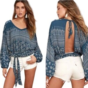 Free People Weekend Warrior Open Back Balloon Sleeve‎ Relaxed Boho Top Blue Sz S